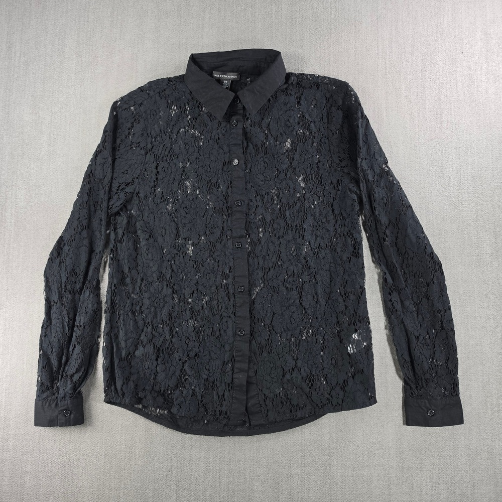 Saks Fifth Avenue Lace Button Up Shirt Womens S Black Floral Sheer Long Sleeve